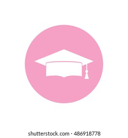 White graduation hat icon vector illustration. Pink button. Pink circle
