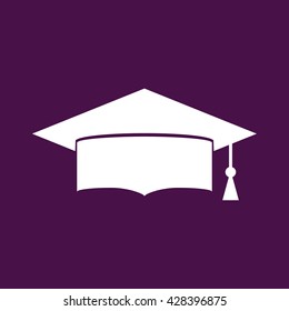 White graduation hat vector icon illustration. Purple background