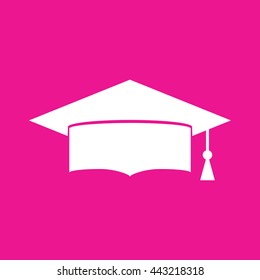 White graduation hat vector icon illustration. Pink background