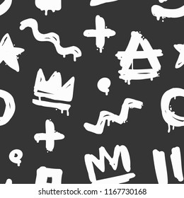 White graffiti abstract squiggle and tags isolated from black background vector seamless pattern. Hand drawn style vector background for print fabric and textile design