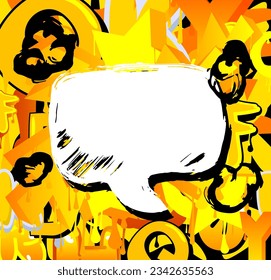 White Graffiti speech bubble on yellow and black background. Abstract modern Messaging sign street art decoration, Discussion icon performed in urban painting style.
