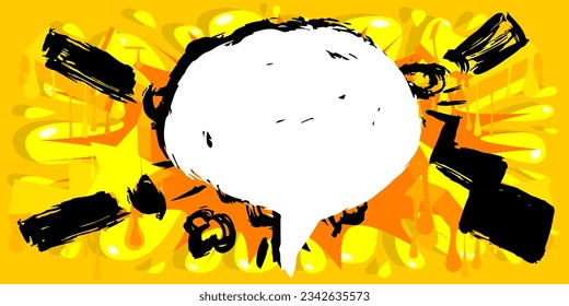 White Graffiti speech bubble on yellow and black background. Abstract modern Messaging sign street art decoration, Discussion icon performed in urban painting style.