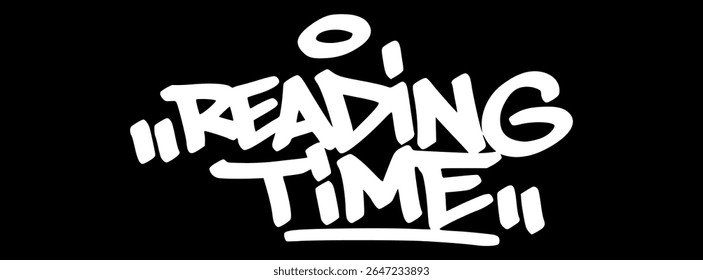 White graffiti tag "Reading Time" on black background. Urban hand drawn lettering perfect for school literacy, calm classroom scenes, and education themes.