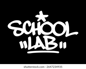 White graffiti tag "School Lab" on black background. Hand drawn bold style perfect for school subject visuals, experiments, and STEM-themed education art.