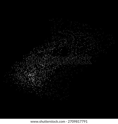 White grain noise particles isolated on black background. Backdrop with sugar powder. Snow effect texture. Falling snowflakes. Salt crystals in motion.