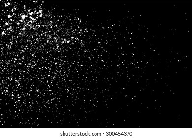 White grain texture noise grunge overlay on black background with snow dust particle effect. Abstract grainy speckle dot pattern with scattered static film vintage surface. Winter falling snowfall design vector