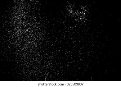 White grain texture noise grunge overlay on black background with snow dust particle effect. Abstract grainy speckle dot pattern with scattered static film vintage surface. Winter falling snowfall design vector
