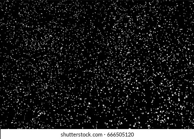 White grain texture noise grunge overlay on black background with snow dust particle effect. Abstract grainy speckle dot pattern with scattered static film vintage surface. Winter falling snowfall design vector