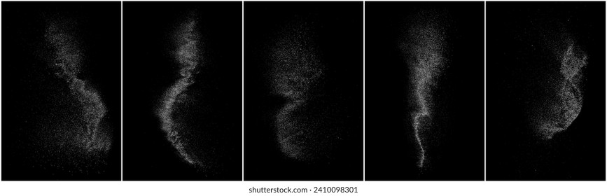 White grainy distressed texture. Dust overlay textured. Grain noise particles. Snow effects pack. Rusted black background. Set vector illustration.   