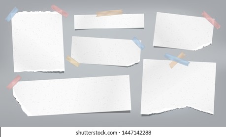 White grainy ripped, torn note, notebook paper strips, stuck with colorful sticky tape on grey background. Vector illustration