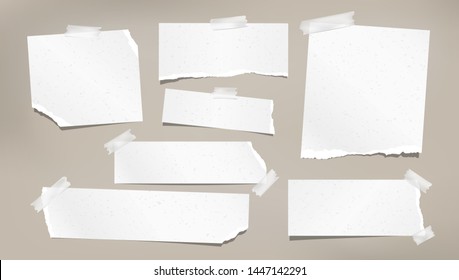 White grainy ripped, torn note, notebook paper strips, stuck with sticky tape on brown background. Vector illustration