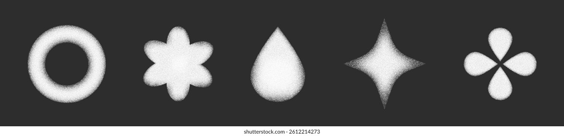 White grainy shapes set isolated on black background. Vector realistic illustration of monochrome circle, flower, drop, star figures with noise texture, spray paint y2k icons for retro banner design