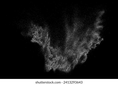 White grainy texture. Abstract dust overlay. Grain noise. White explosion on black background. Splash realistic effect. Vector illustration.  
