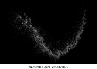 White grainy texture. Abstract dust overlay. Grain noise. White explosion on black background. Splash realistic effect. Vector illustration.  
