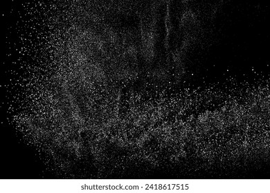 White grainy texture. Abstract dust overlay. Grain noise. White explosion on black background. Splash realistic effect. Vector illustration, eps 10.  
