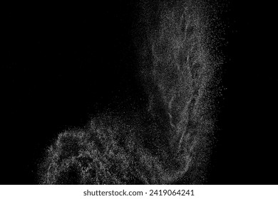 White grainy texture. Abstract dust overlay. Grain noise. White explosion on black background. Splash realistic effect. Vector illustration, eps 10.  
