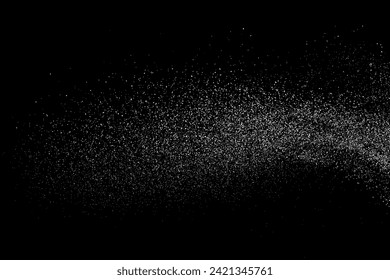 Textura de grano blanco. Sobrecoste de polvo abstracto. Ruido de grano. Explosión blanca sobre fondo negro. Splash efecto realista. Ilustración vectorial.  