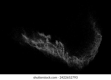 White grainy texture. Abstract dust overlay. Grain noise. White explosion on black background. Splash realistic effect. Vector illustration, eps 10.  
