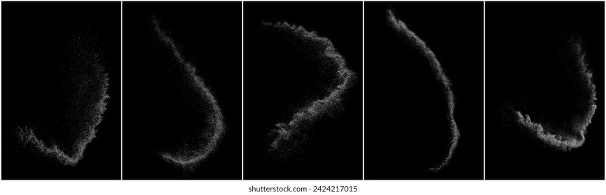 White grainy texture. Abstract dust overlay. Grain noise. White explosion on black background. Splash realistic effect. Set vector illustration, eps 10.   