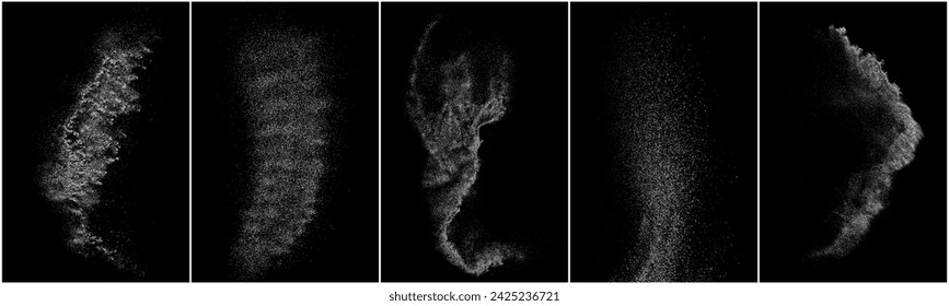 White grainy texture. Abstract dust overlay. Grain noise. White explosion on black background. Splash realistic effect. Set vector illustration, eps 10.   