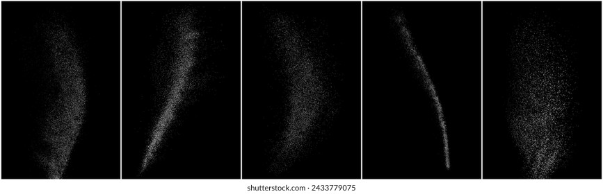 White grainy texture. Abstract dust overlay. Grain noise. White explosion on black background. Splash realistic effect. Set vector illustration, eps 10.   
