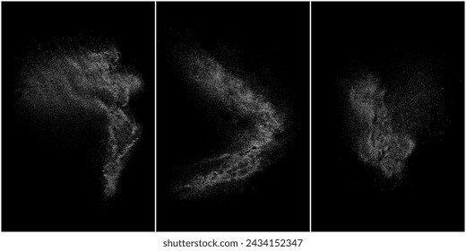White grainy texture. Abstract dust overlay. Grain noise. White explosion on black background. Splash realistic effect. Set vector illustration, eps 10.   