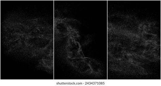 White grainy texture. Abstract dust overlay. Grain noise. White explosion on black background. Splash realistic effect. Set vector illustration, eps 10.   