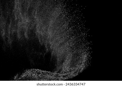 White grainy texture. Abstract dust overlay. Grain noise. White explosion on black background. Splash realistic effect. Vector illustration, eps 10.  
