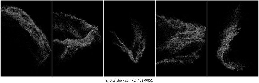 Weiße, körnige Textur. Abstrakte Staubüberlagerung. Kornrauschen. Weiße Explosion auf schwarzem Hintergrund. Splash Realistischer Effekt. Vektorillustration einstellen, eps 10.   