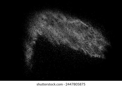 White grainy texture. Abstract dust overlay. Grain noise. White explosion on black background. Splash realistic effect. Vector illustration, eps 10.  
