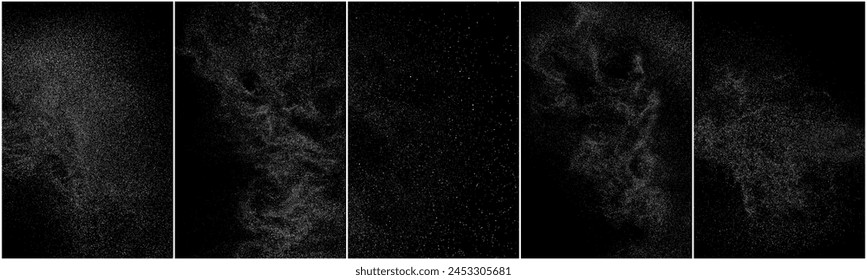 White grainy texture. Abstract dust overlay. Grain noise. White explosion on black background. Splash realistic effect. Set vector illustration, EPS 10.   