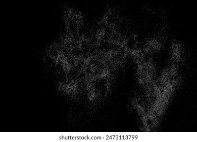 White grainy texture. Abstract dust overlay. Grain noise. White explosion on black background. Splash light realistic effect. Vector illustration, EPS 10.