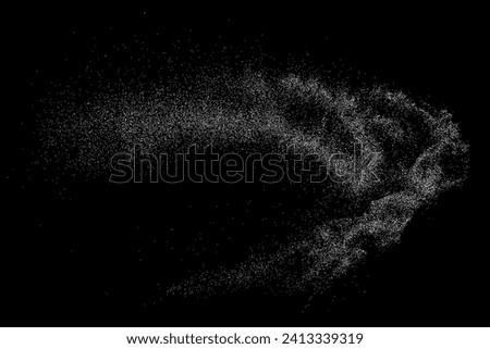White grainy texture. Abstract dust overlay. Grain noise. White explosion on black background. Splash realistic effect. Vector illustration.  