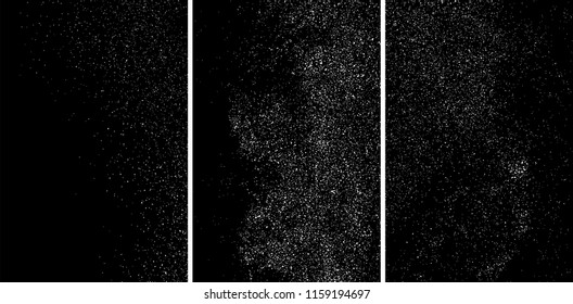 White grainy texture isolated on black background. Damaged textured. Snow design elements. Set vector illustration,eps 10.