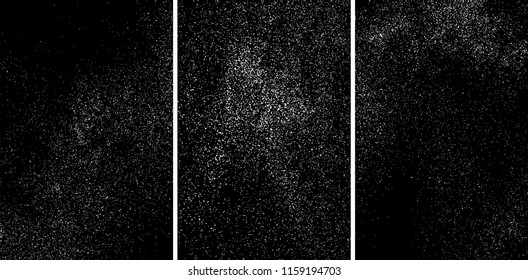 White grainy texture isolated on black background. Damaged textured. Snow design elements. Set vector illustration,eps 10.