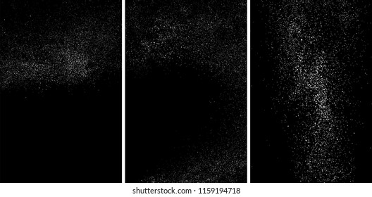White grainy texture isolated on black background. Damaged textured. Snow design elements. Set vector illustration,eps 10.