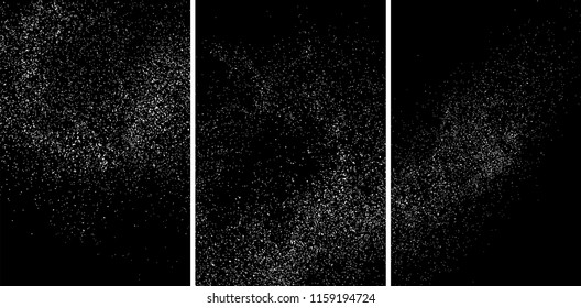 White grainy texture isolated on black background. Damaged textured. Snow design elements. Set vector illustration,eps 10.