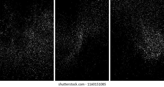 White grainy texture isolated on black background. Damaged textured. Snow design elements. Set vector illustration,eps 10.