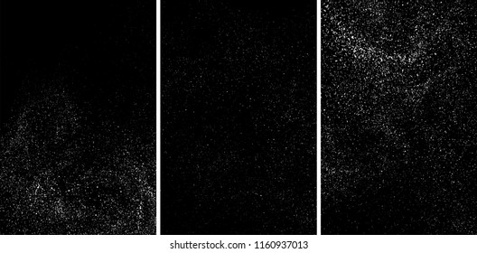 White grainy texture isolated on black background. Damaged textured. Snow design elements. Set vector illustration,eps 10.