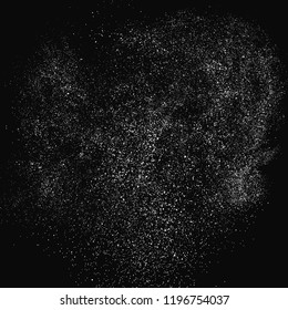 White grainy texture isolated on black background. Dust overlay. Light coloured noise granules. Snow vector elements. Illustration, eps 10.