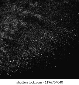 White grainy texture isolated on black background. Dust overlay. Light coloured noise granules. Snow vector elements. Illustration, eps 10.