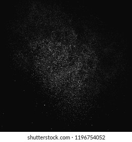 White grainy texture isolated on black background. Dust overlay. Light coloured noise granules. Snow vector elements. Illustration, eps 10.
