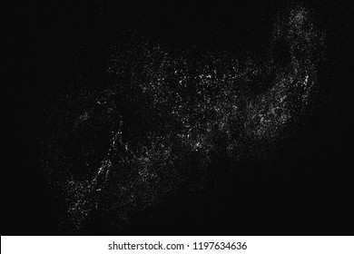 White grainy texture isolated on black background. Dust overlay. Light coloured noise granules. Snow vector elements. Illustration, eps 10.