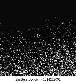 White Grainy Texture Isolated On Black Background. Dust Overlay. Light Coloured Noise Granules. Snow Vector Elements. Illustration, Eps 10.