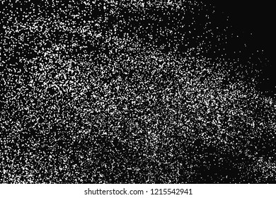 White Grainy Texture Isolated On Black Background. Dust Overlay. Light Coloured Noise Granules. Snow Vector Elements. Illustration, Eps 10.