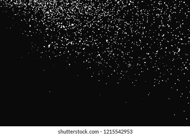 White Grainy Texture Isolated On Black Background. Dust Overlay. Light Coloured Noise Granules. Snow Vector Elements. Illustration, Eps 10.