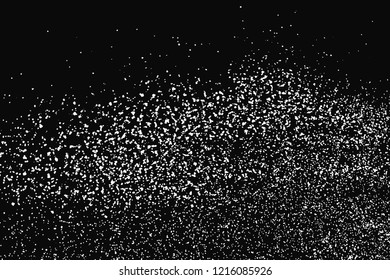 White Grainy Texture Isolated On Black Background. Dust Overlay. Light Coloured Noise Granules. Snow Vector Elements. Illustration, Eps 10.