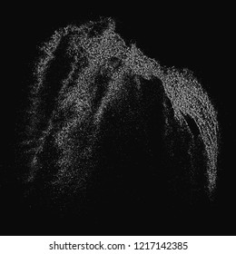 White Grainy Texture Isolated On Black Background. Dust Overlay. Light Coloured Noise Granules. Snow Vector Elements. Illustration, Eps 10.