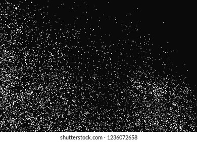 White Grainy Texture Isolated On Black Background. Dust Overlay. Light Coloured Noise Granules. Snow Vector Elements. Digitally Generated Image. Illustration, Eps 10.