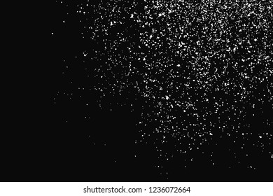 White Grainy Texture Isolated On Black Background. Dust Overlay. Light Coloured Noise Granules. Snow Vector Elements. Digitally Generated Image. Illustration, Eps 10.